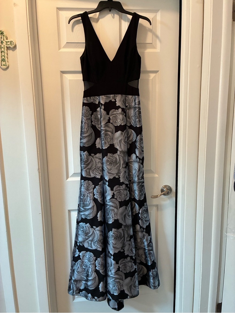 Black V-Neck Maxi Dress with Silver Floral Skirt